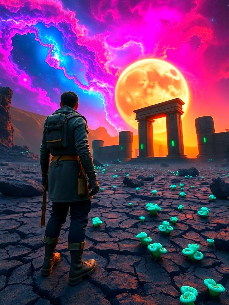 Epic Scene of Star-Whisperer Amidst Volcanic Ruins in a Dist...