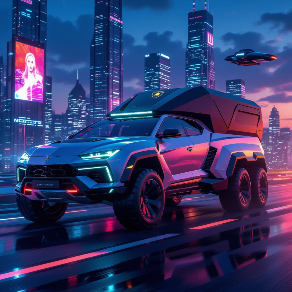 Futuristic Lambotruck Speeds Through Neon Cityscape