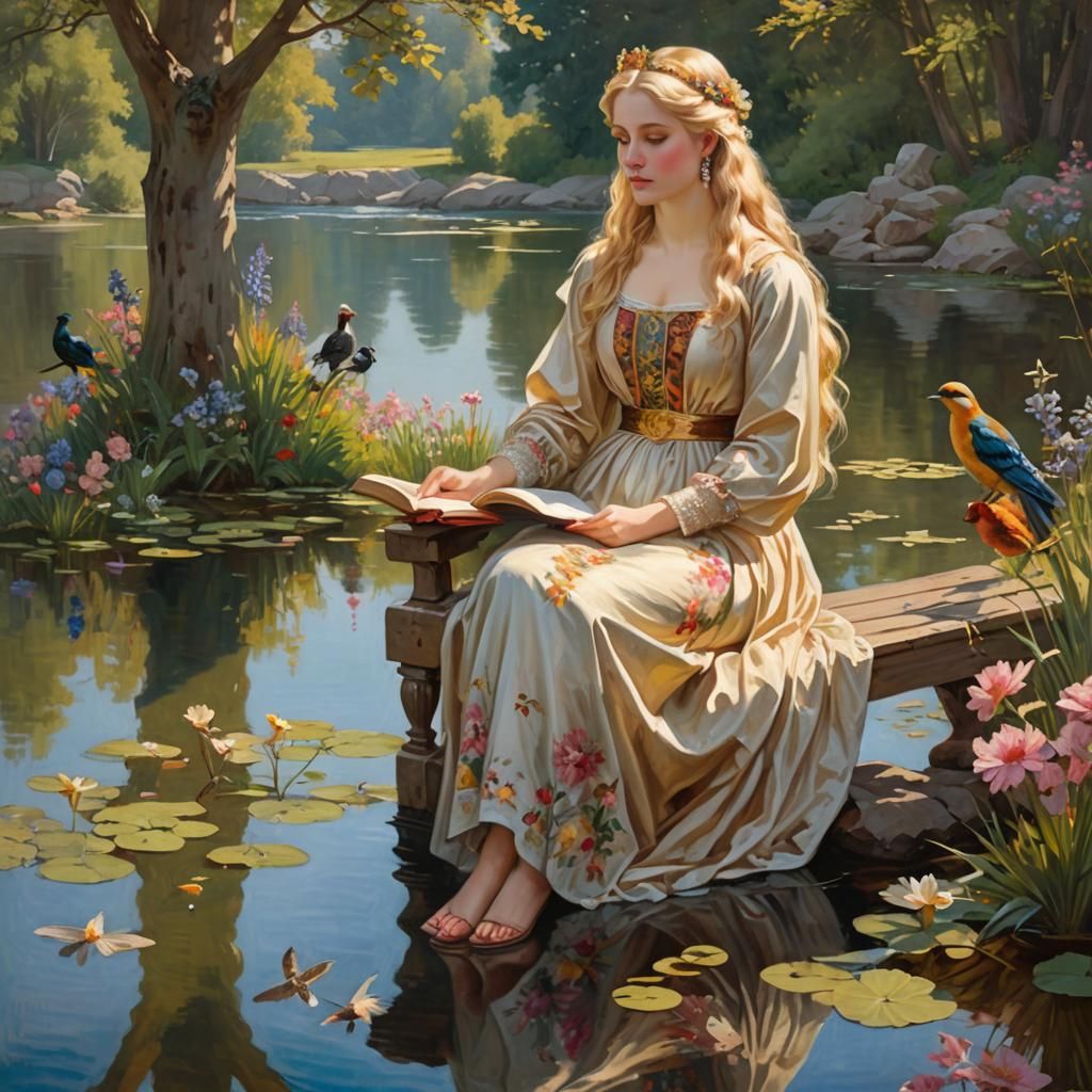 Queen Reading by Lake: A Pre-Raphaelite Oil Painting