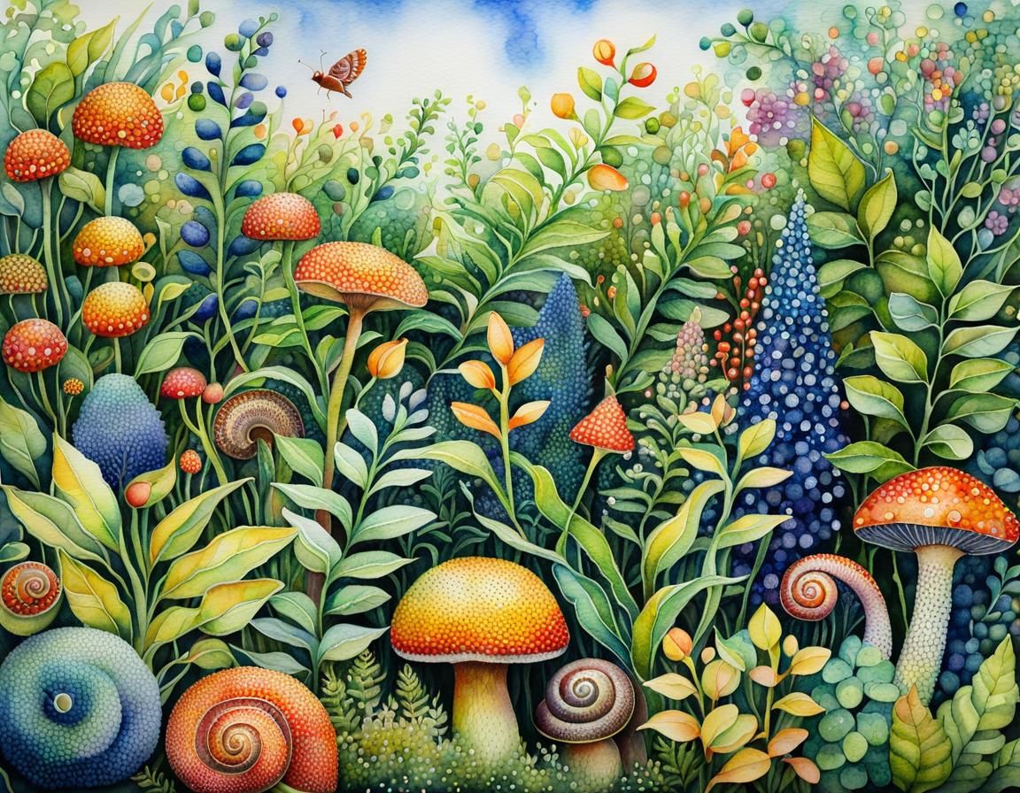 Vibrant English Garden in Aquarelle Pointillism Style