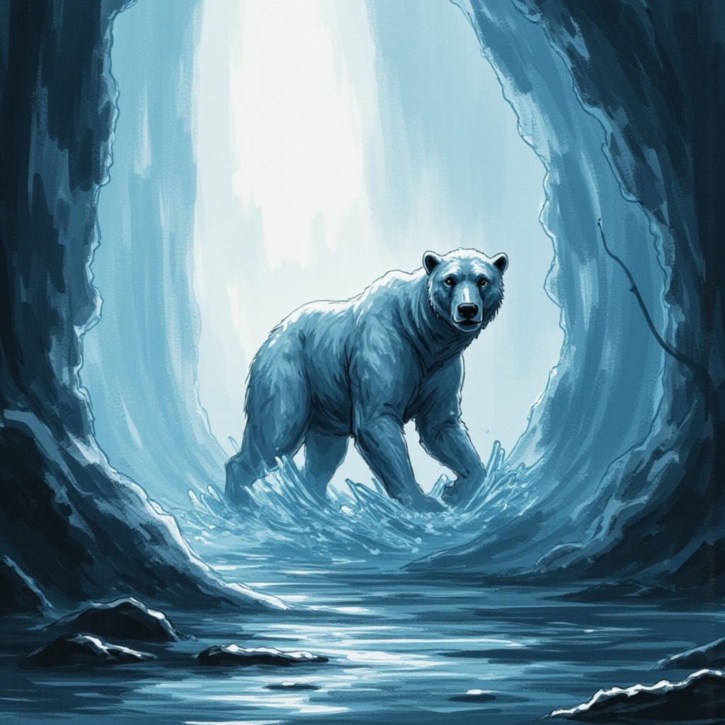 Polar Bear Emerges from Blue Ice in Black and White Watercol...