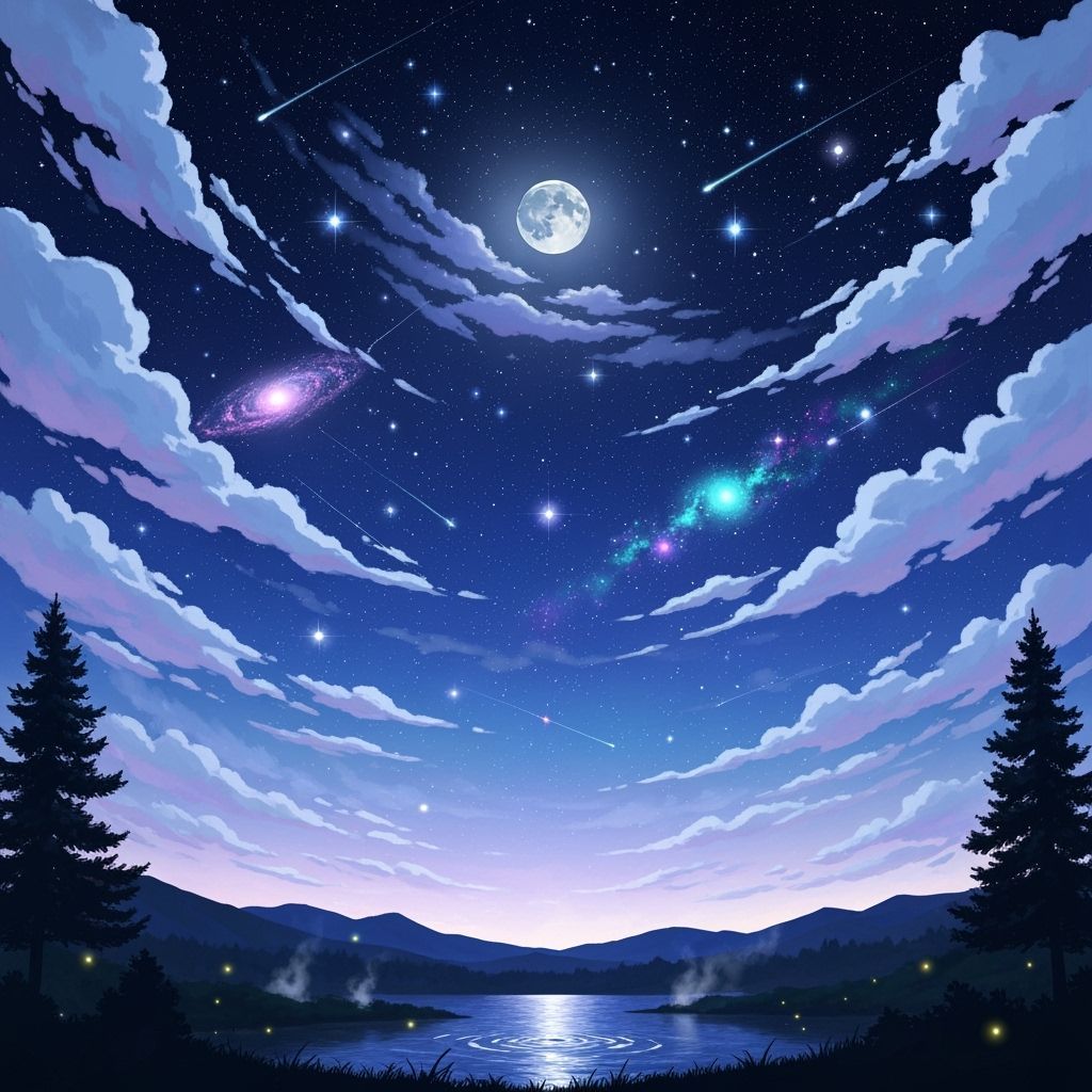 Anime Night Sky with Moon and Shooting Stars