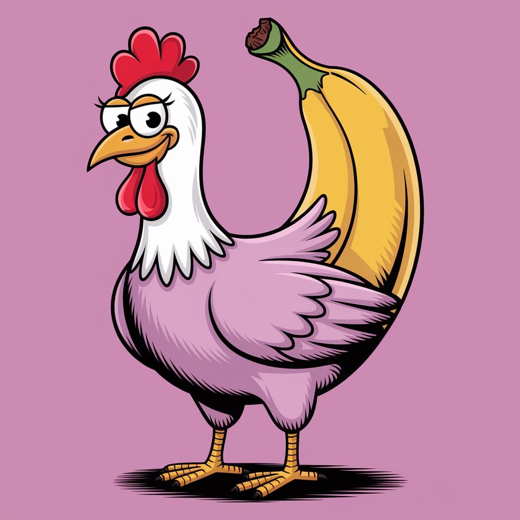 Surreal Scene of Bananas and Chickens in a Vibrant Art Galle...