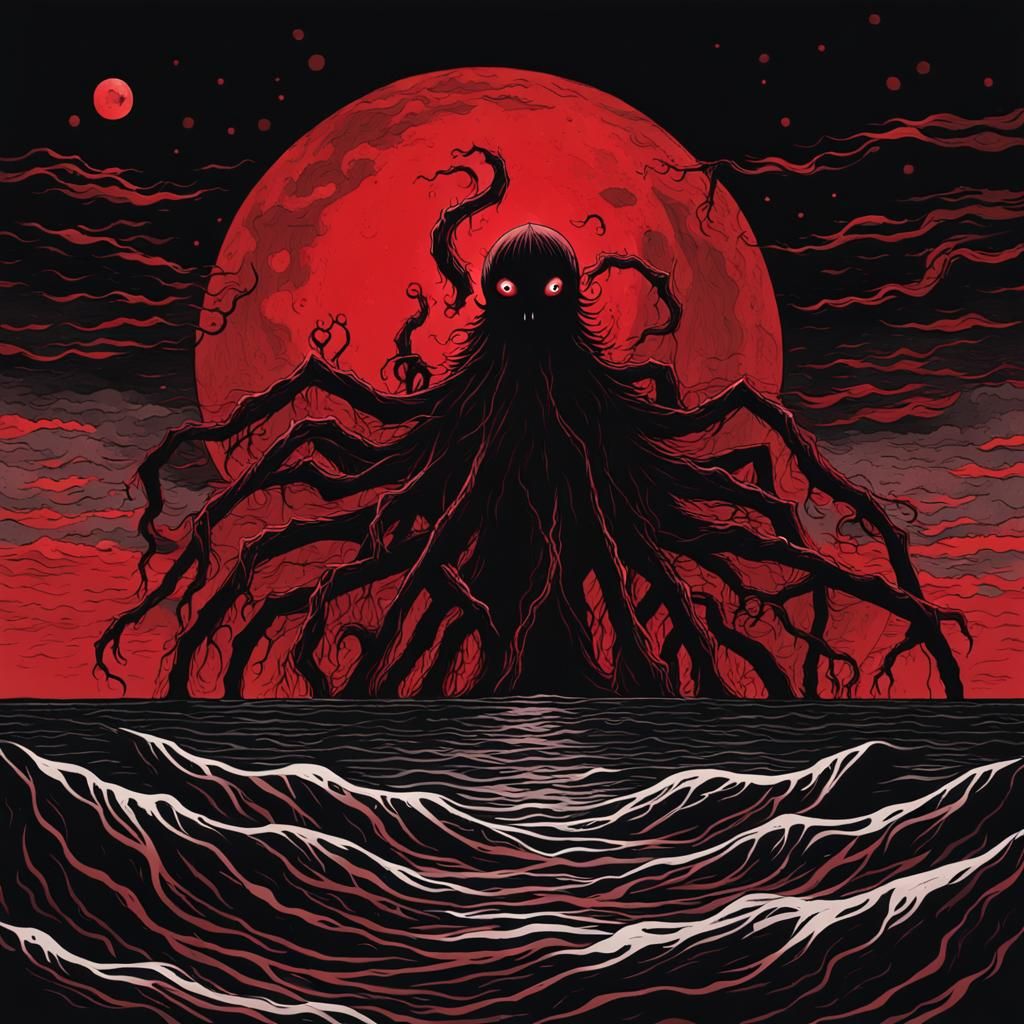 Eldritch Monster Emerges from Dark Waters in Junji Ito Style