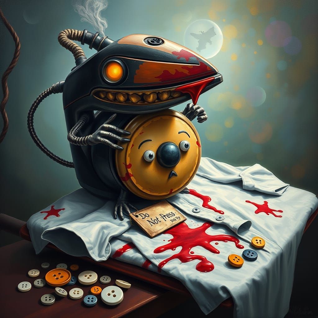 Wicked Iron Devouring Whimsical Button in a Magical Realm