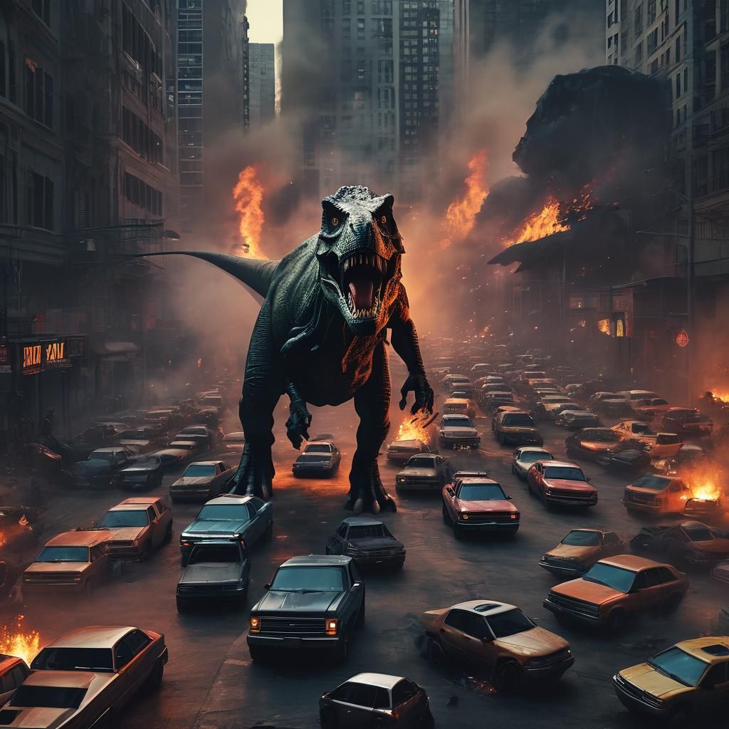 Stunning T-Rex Rampage in Neon Noir Metropolis