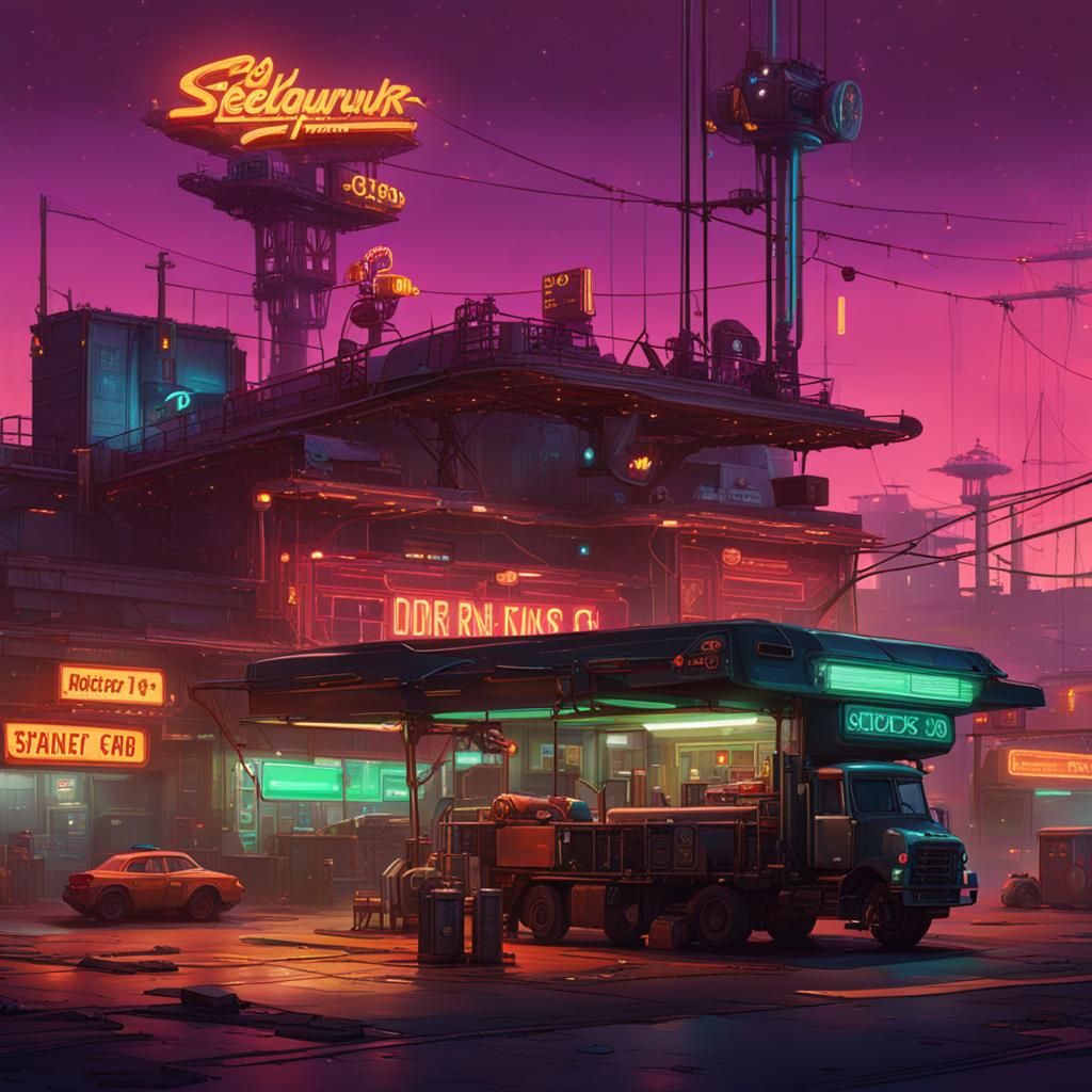 Steampunk Spaceport Diner in Cyberpunk Style