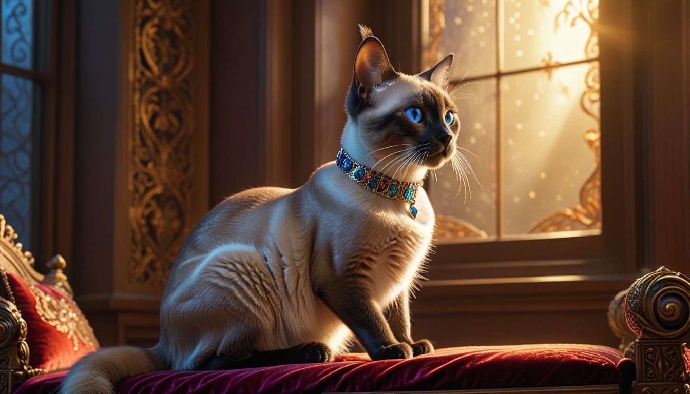 Royal Siamese Cat Surveys Kingdom on Velvet Pillow