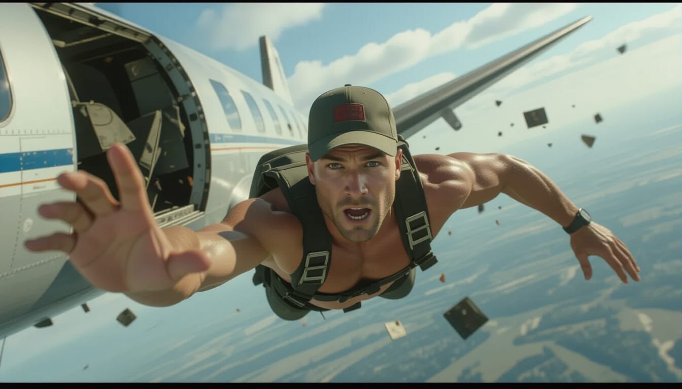 Man Falls From Exploding Plane in Hyper-Realistic Photo