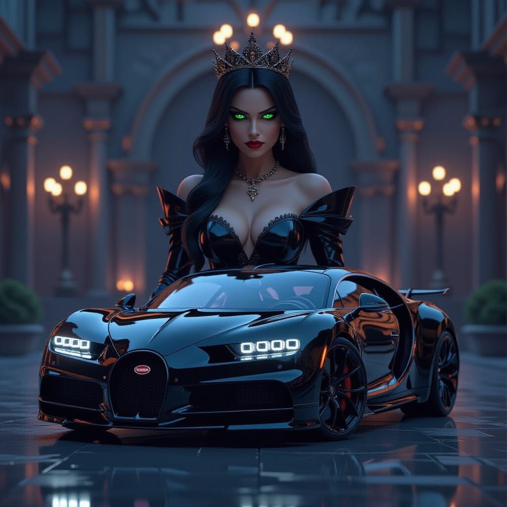 Evil Princess Poses Beside Black Bugatti Chiron
