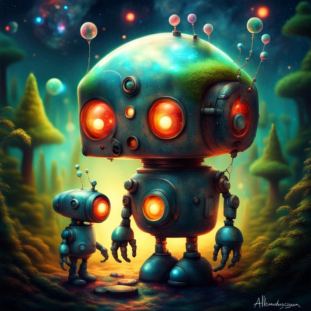 Chibi Robot in Enchanted Forest: Surreal Glitchcore Art