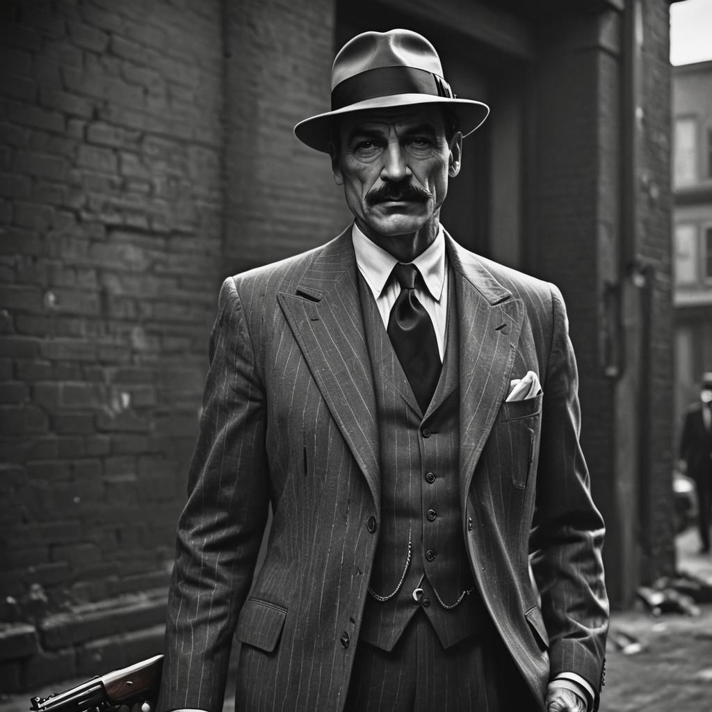 Cinematic Mobster with Tommy Gun in Film Noir Style