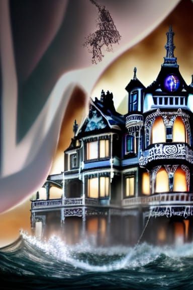 Haunted Victorian House Overcome by Wave