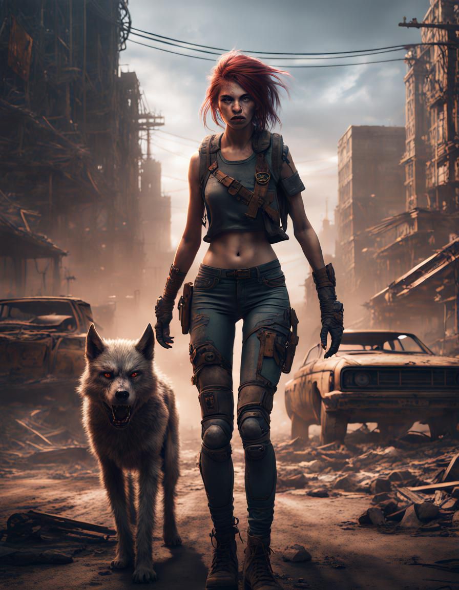 Post-Apocalyptic Girl with Wolf: Detailed Matte Painting