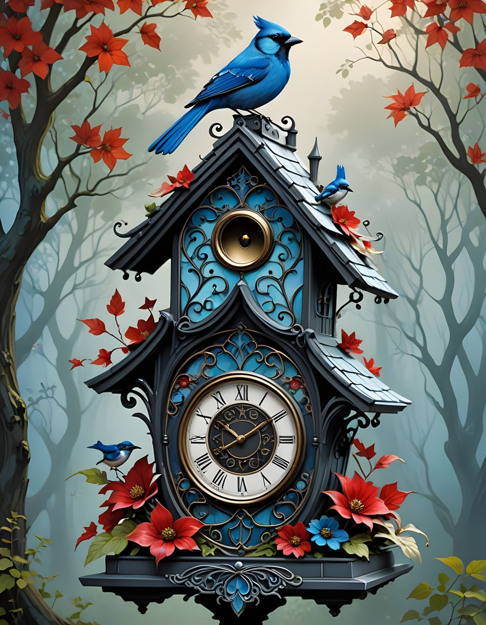 Ornate Birdhouse Clock in Art Nouveau Style