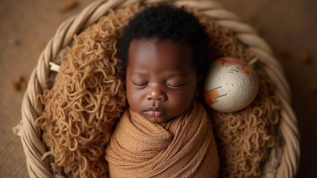 Newborn Nigerian Boy Portrait with Traditional Raffia Mat