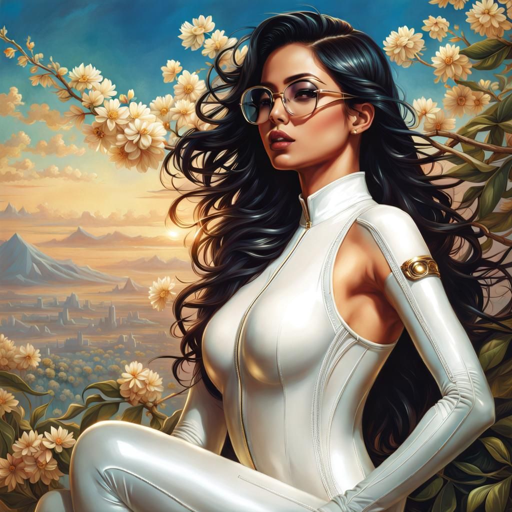 Dreaming Woman in White Latex Bodysuit