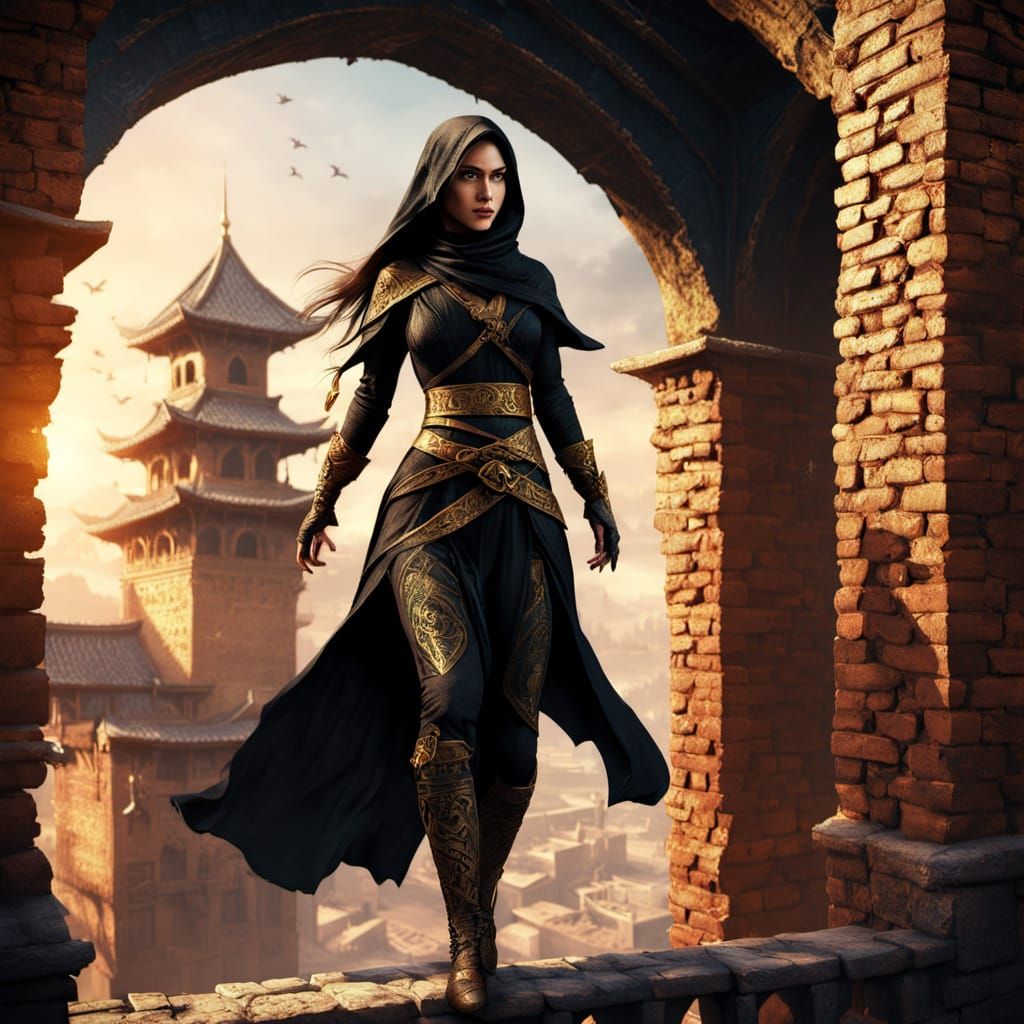 Half-Elf Thief in Vibrant Oriental Cityscape