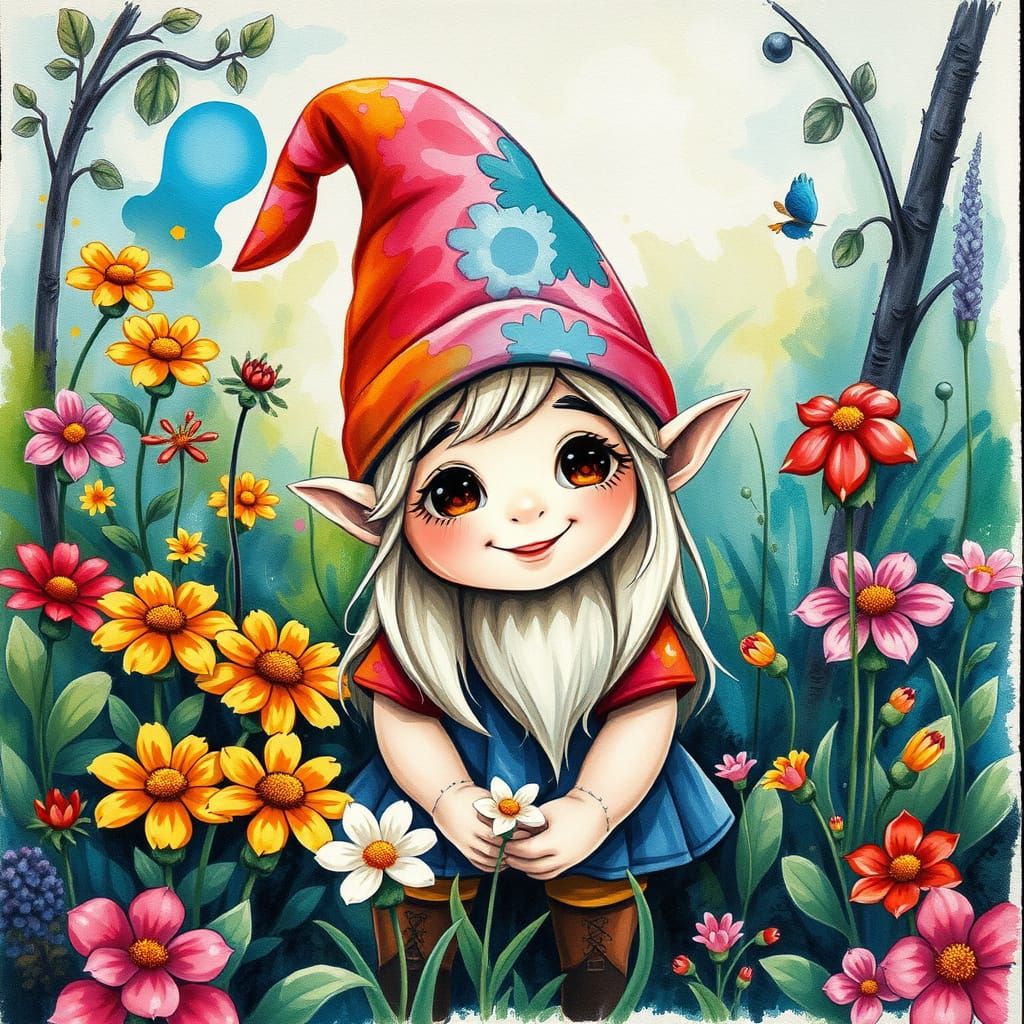 Smiling Gnome in Vibrant Watercolor Garden