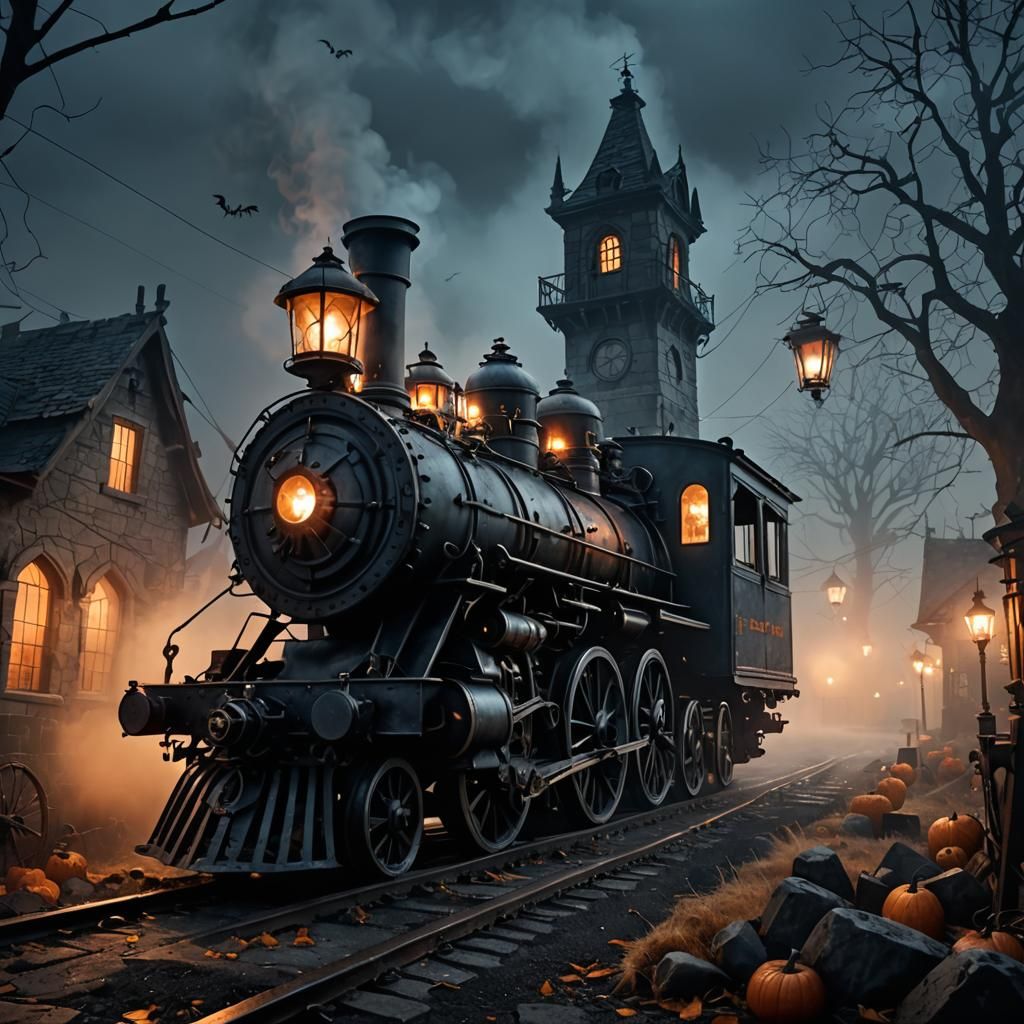 Gothic Steam Engine in Foggy Halloween Village