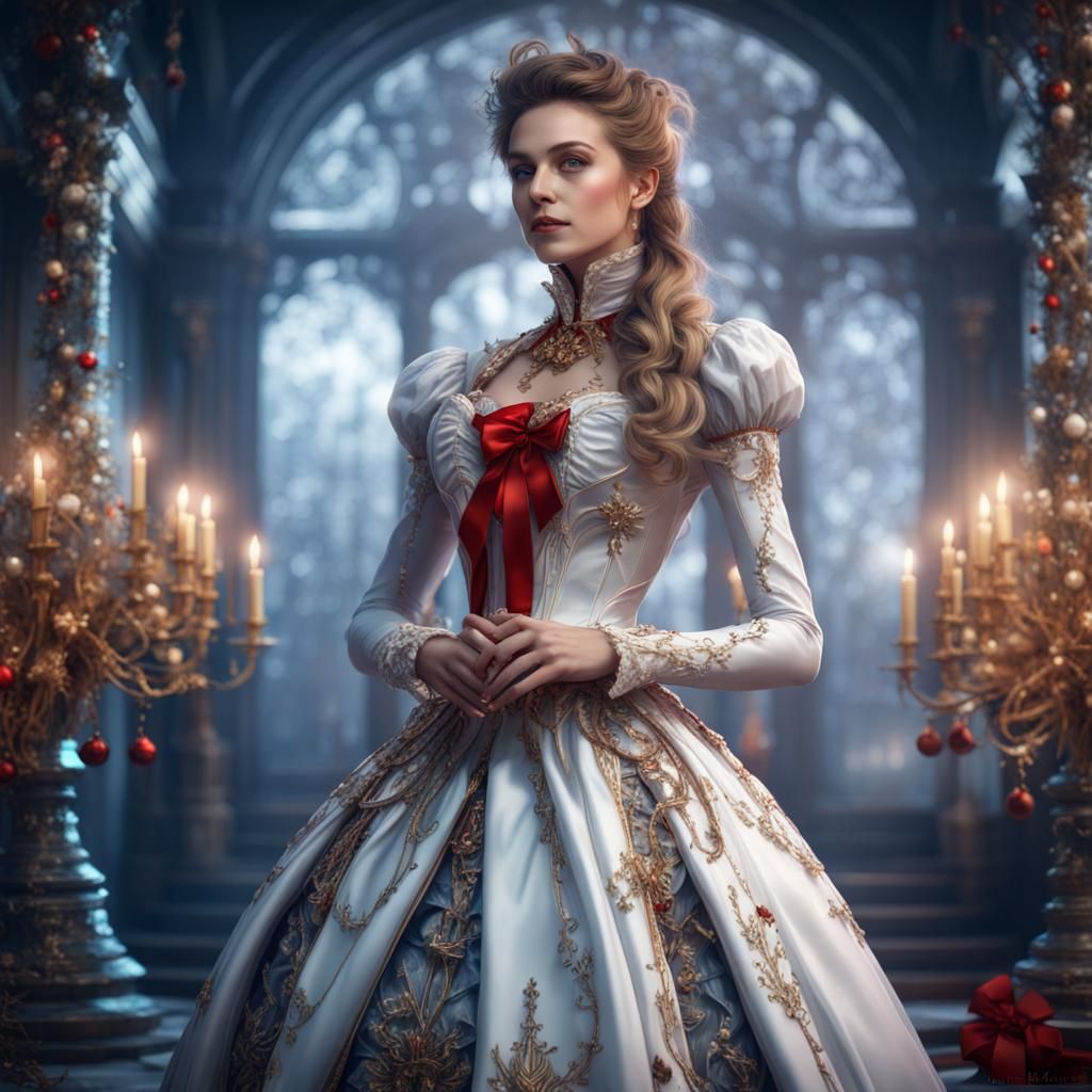 Holographic Woman in Victorian Christmas Gown