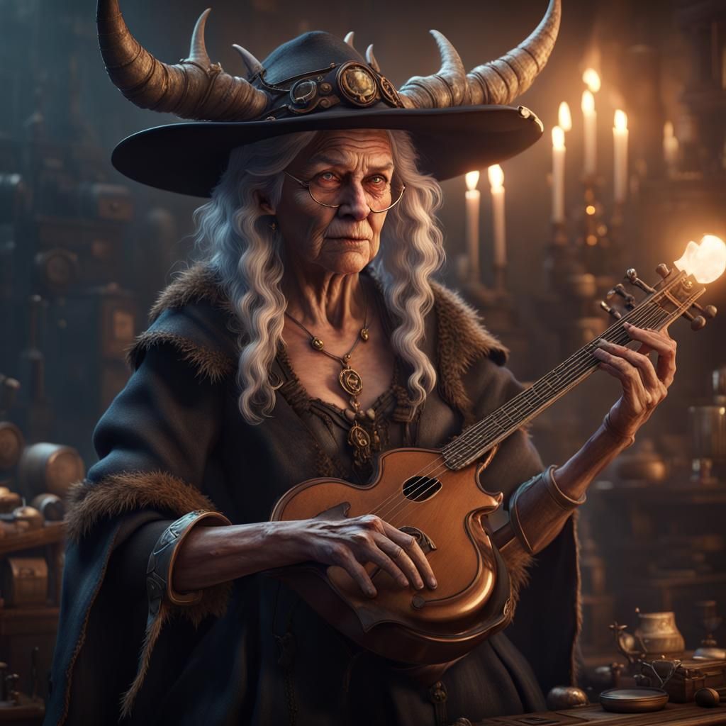 Horned Witch with Instrument in Cinematic 3D