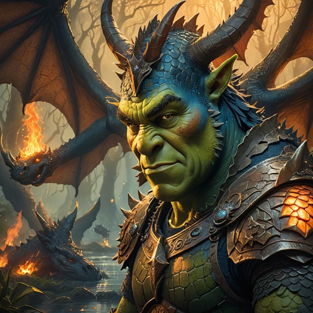 Dragon-Scaled Ogre in Mystical Swamp: Fantasy Art