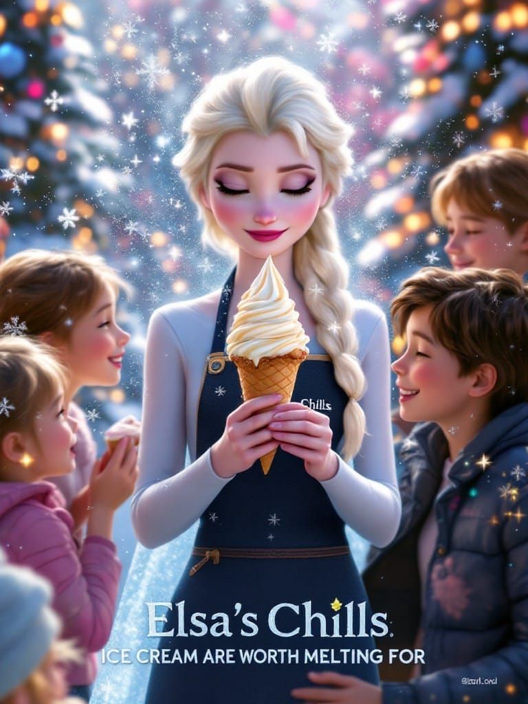 Elsa's Chills Ice Cream Commercial in a Snowy Landscape