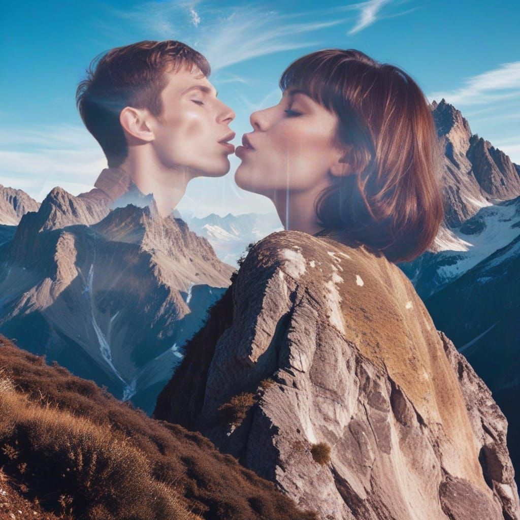 Woman Kisses Mountain Peak in 90s Style Photo