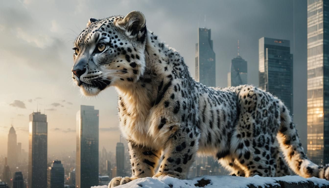Robotic-Eyed Snow Leopard on Skyscraper