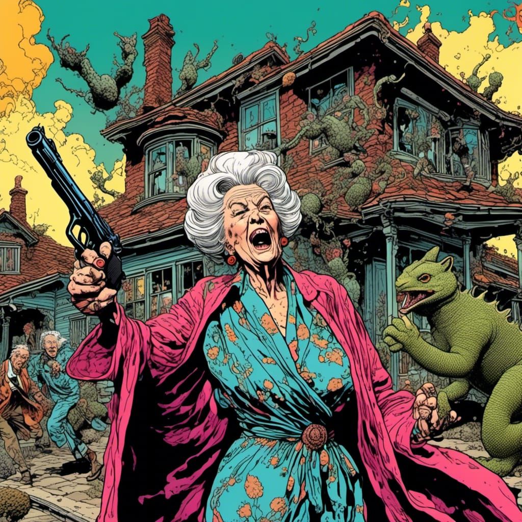 Angry Woman Points Gun: Psychedelic Cartoon Art