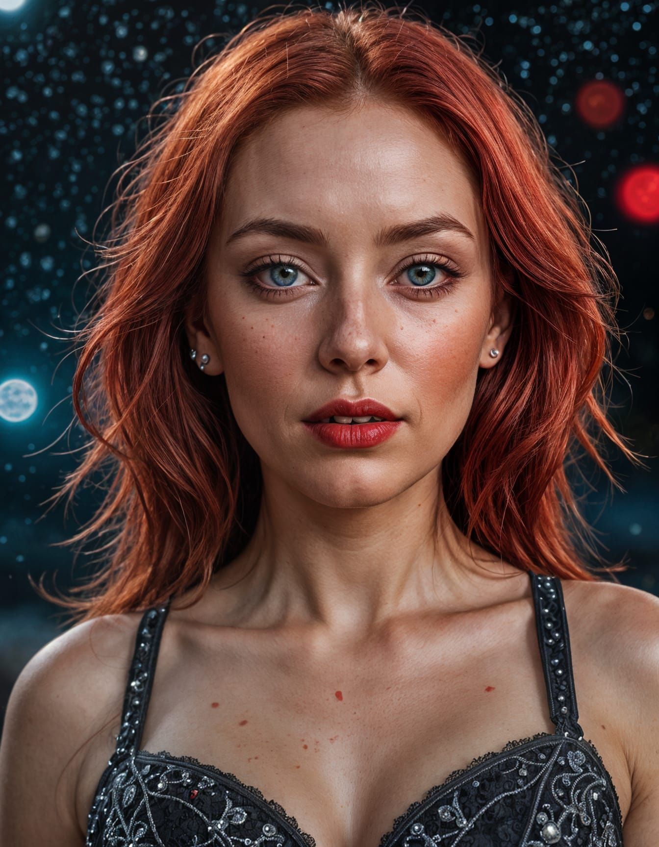 Red-Haired Woman Portrait with Starry Sky
