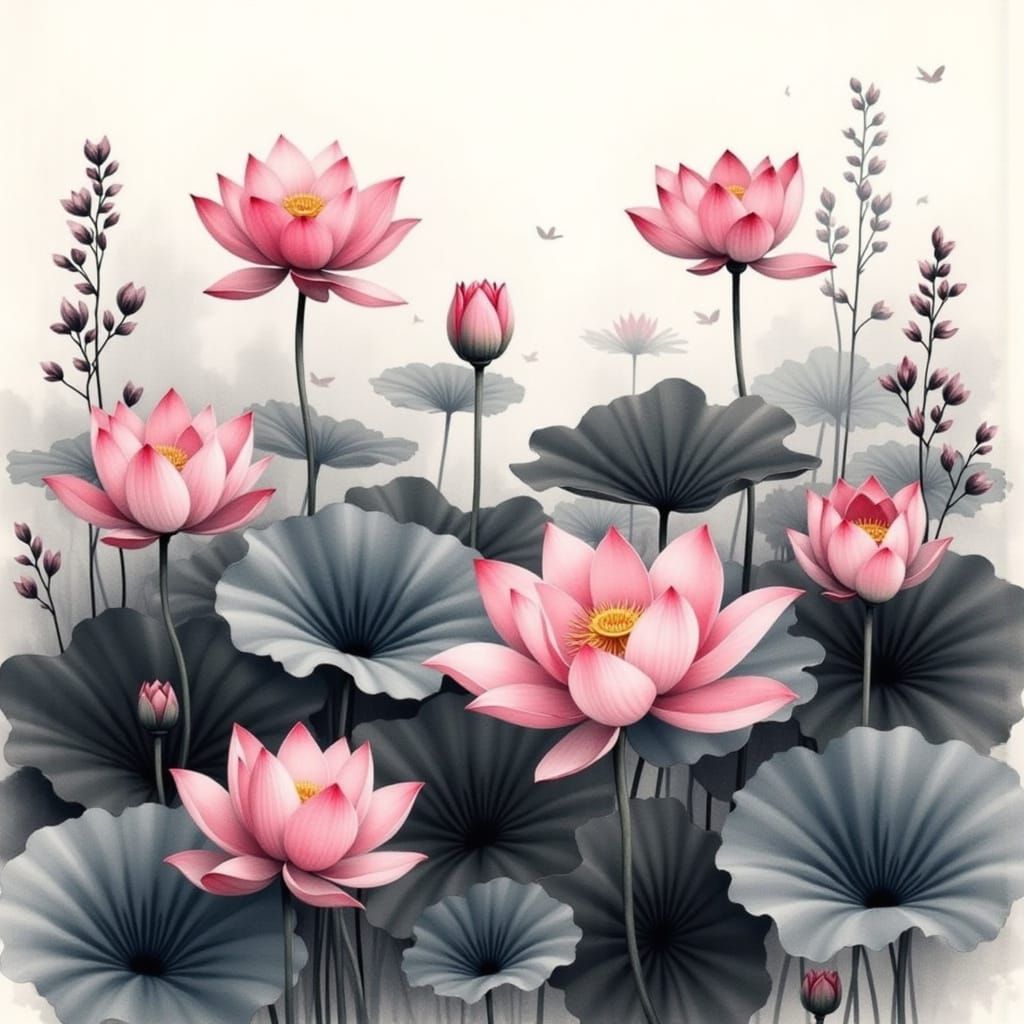 Vintage Japanese Lotus Field Illustration