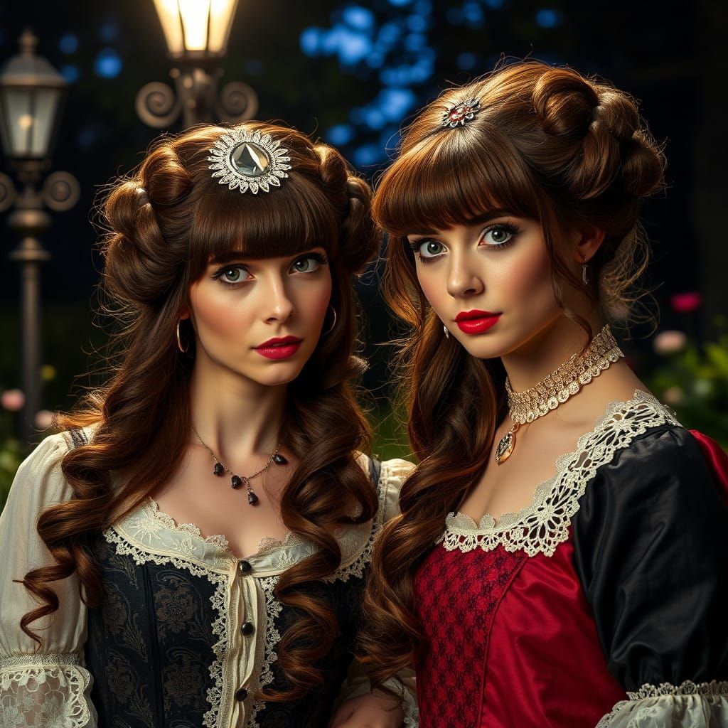 Two Women in 17th Century Gothic Dresses Dance Under English...