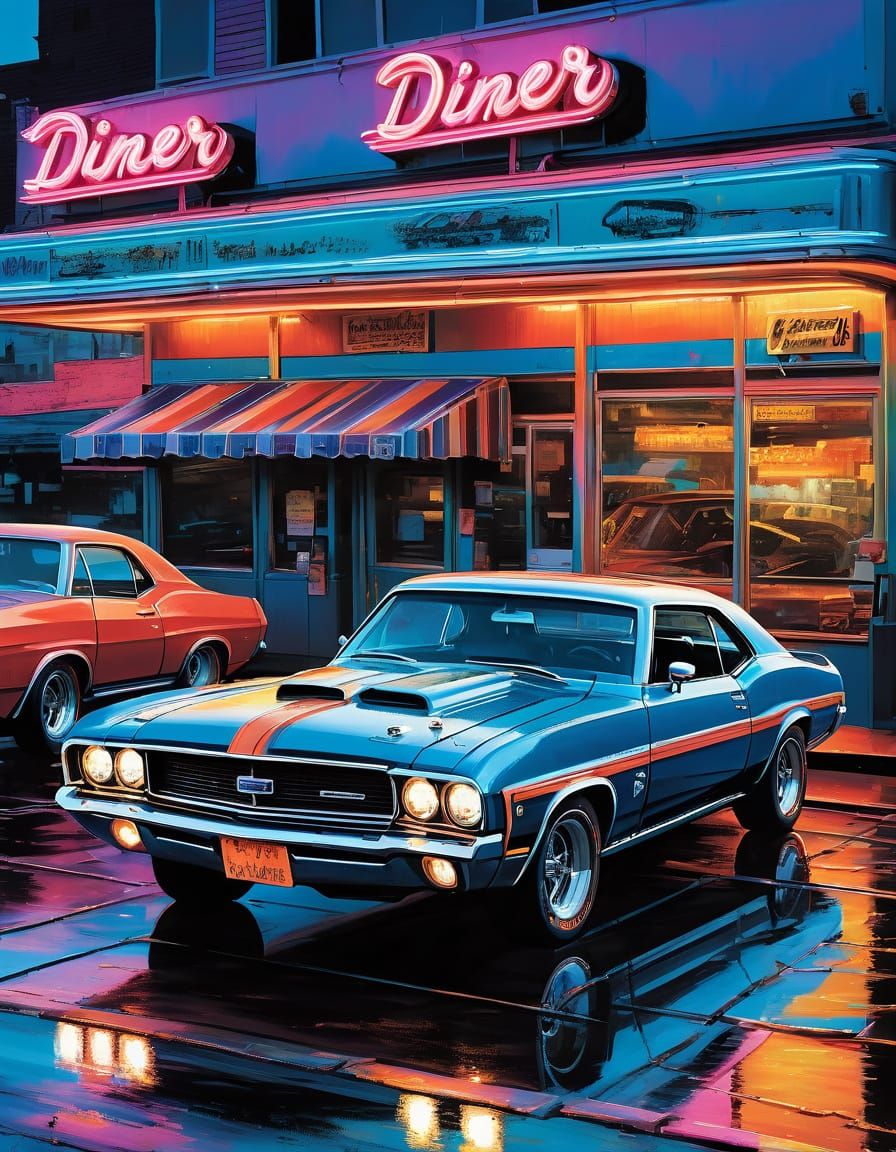 Muscle Car at Neon Diner Abstract Art