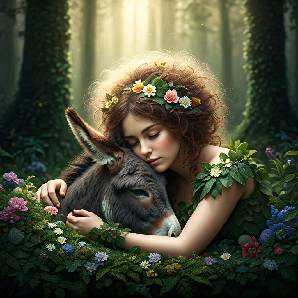 Fantasy Lady with Donkey in Enchanted Forest