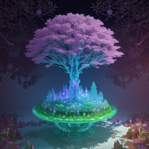 Bioluminescent Tree of Life in Crystal Teapot