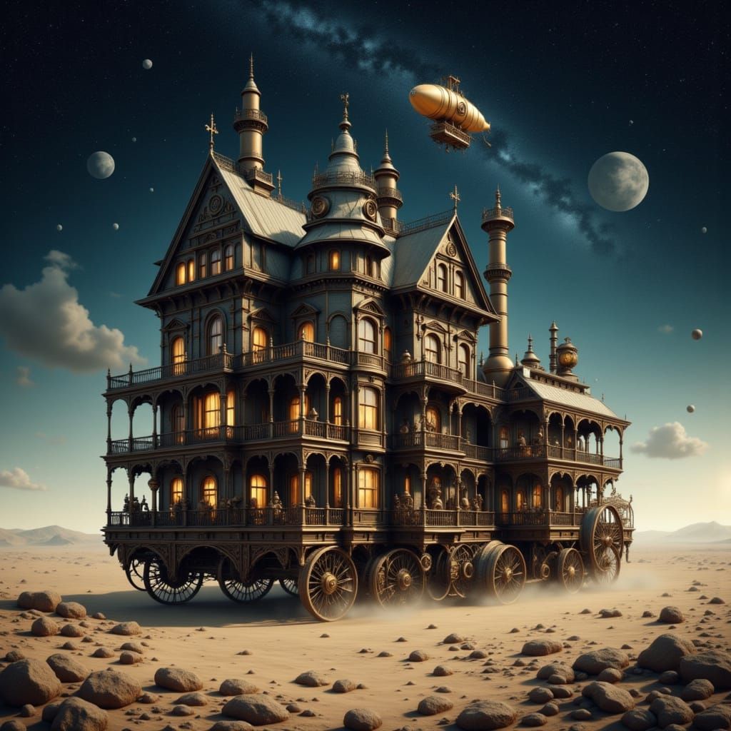 Steampunk Mansion on Wheels in Desert Landscape
