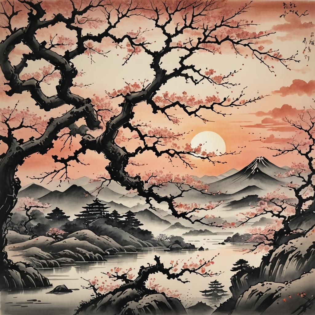 Japanese Landscape with Cherry Tree in Ink Drawing