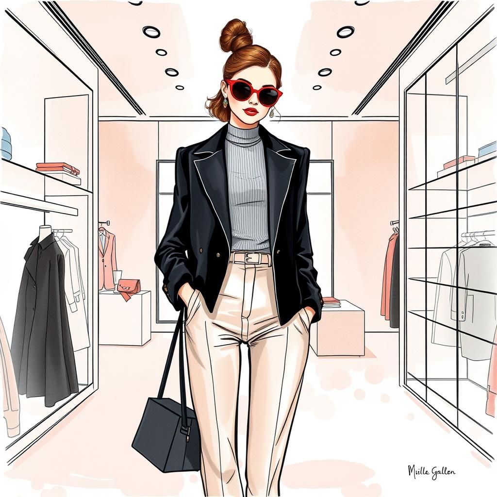 Fashionable Woman in Boutique, Mixed Media Illustration