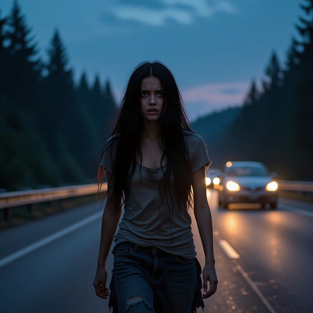 Terrified Girl on Dark Highway Illuminated by Car Headlights