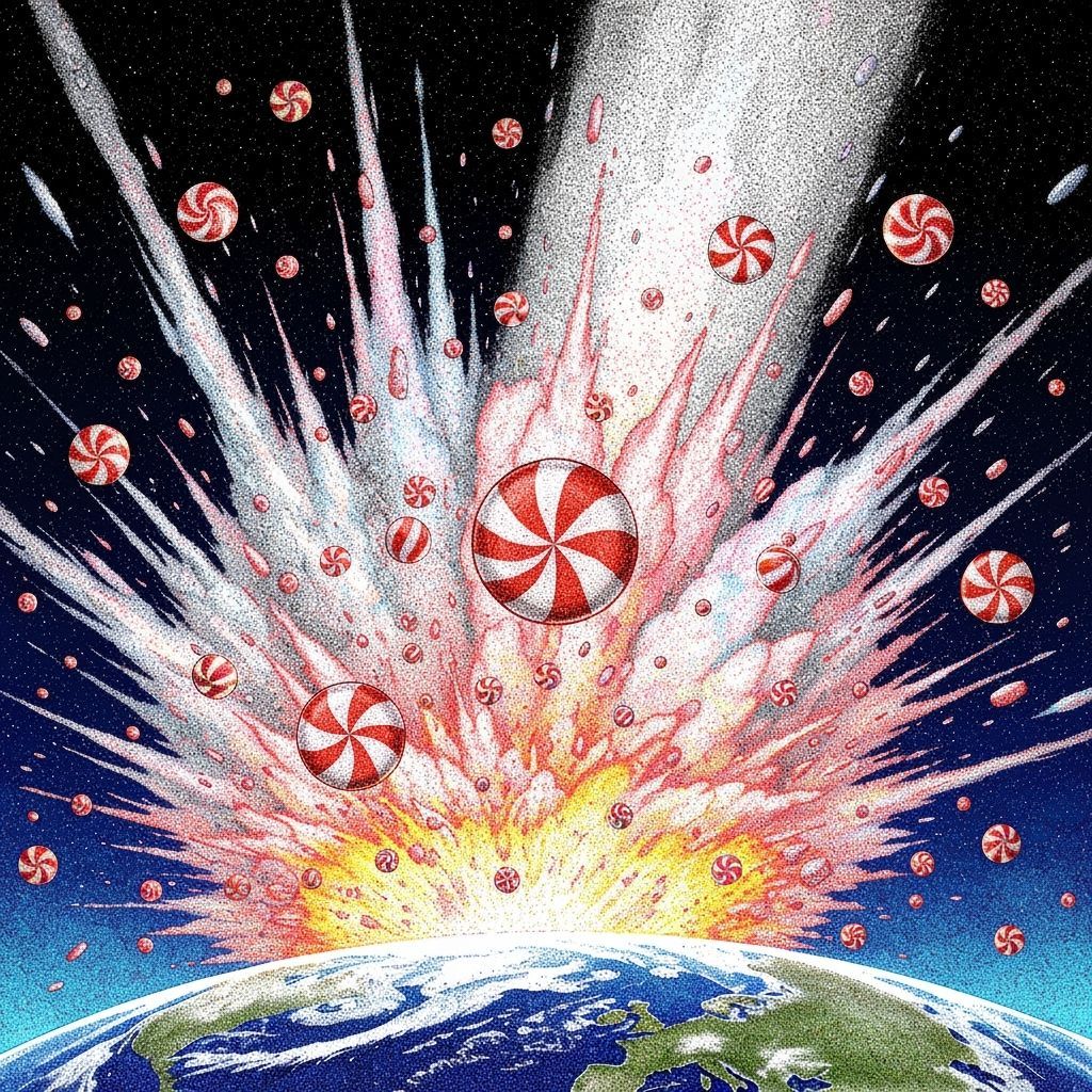 Peppermint Comet Impact in Stippling Ink Art Style