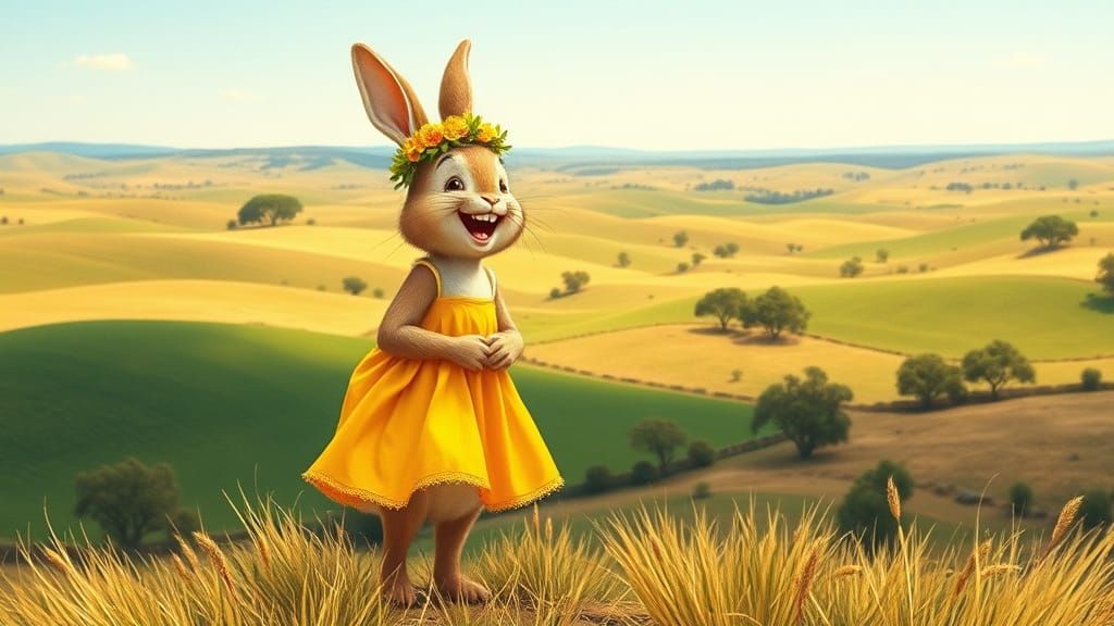 Laughing Bunny in Sundress Overlooking Australian Landscape