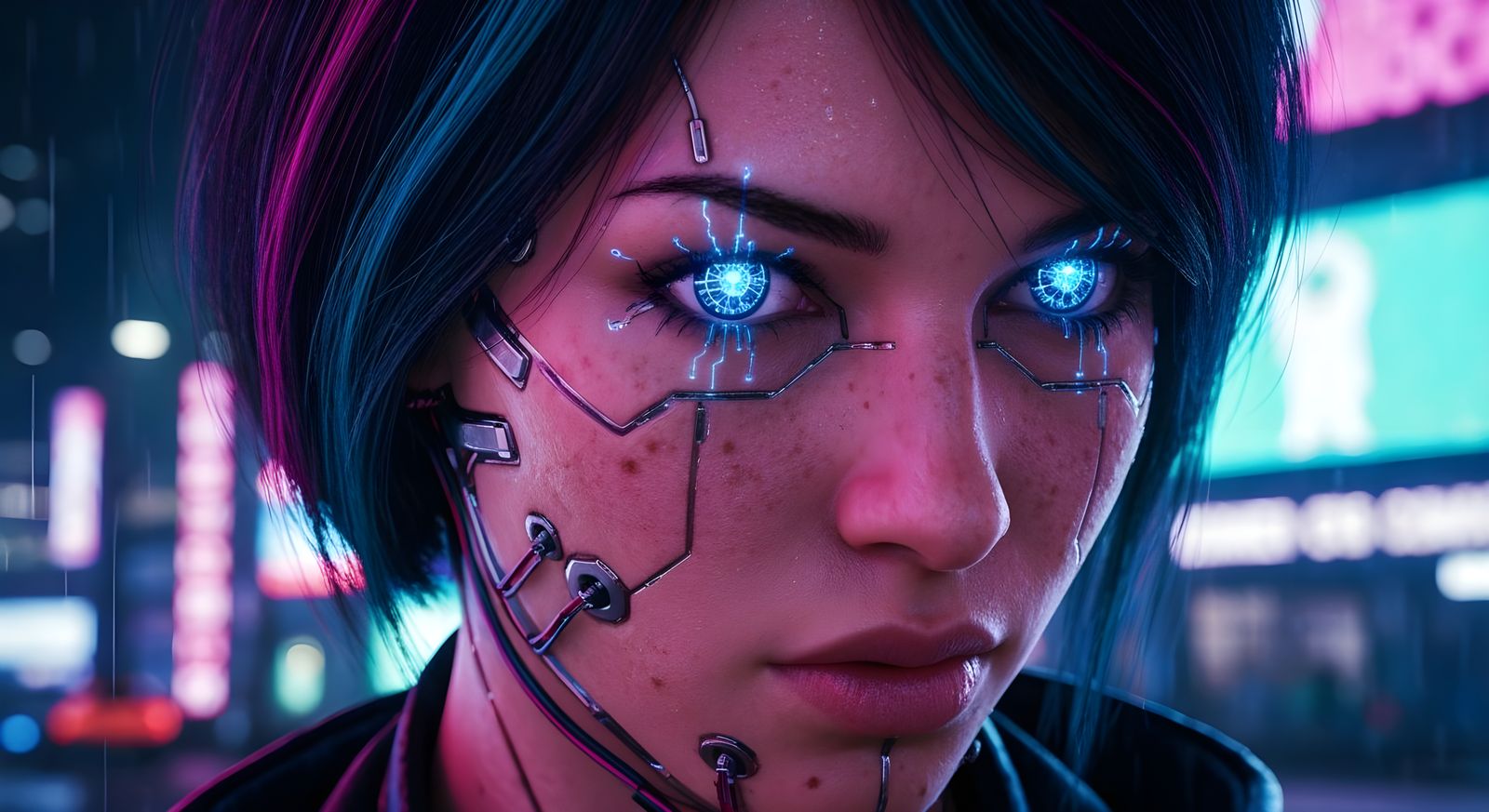 Cybernetic Woman's Face with Glowing Blue Eyes in Neon City