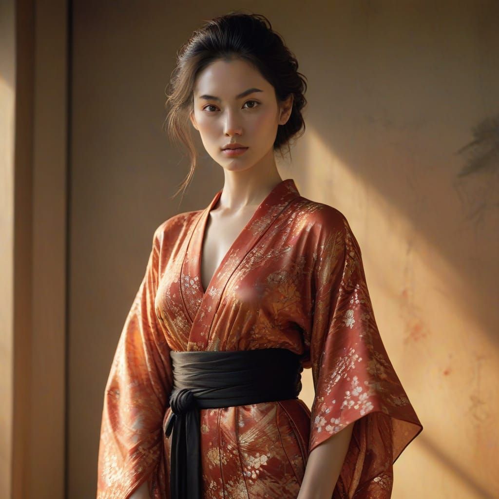 Hyperrealistic Portrait of a Young Woman in a Blood-Red Kimo...