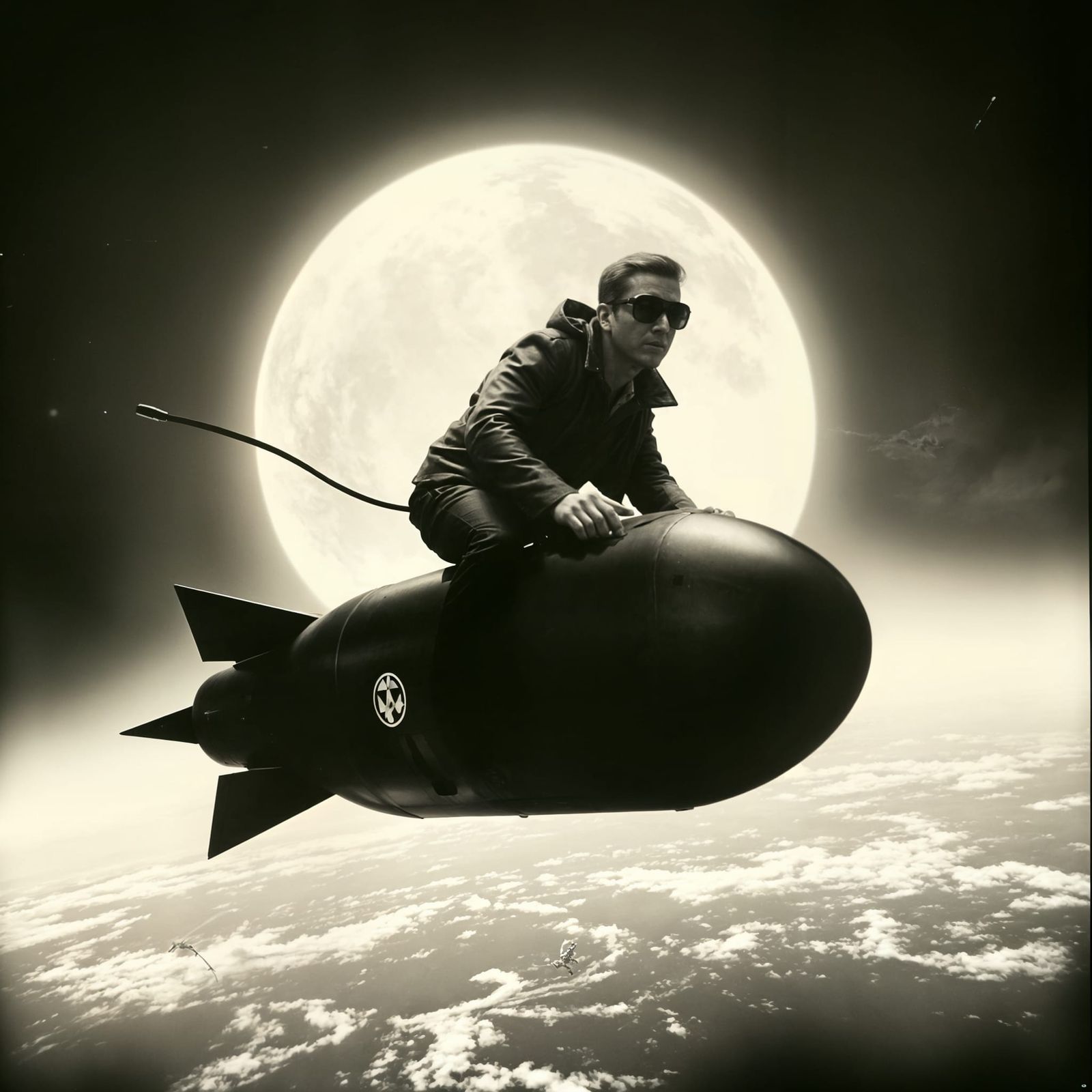 Man Riding Bomb in Noir Style