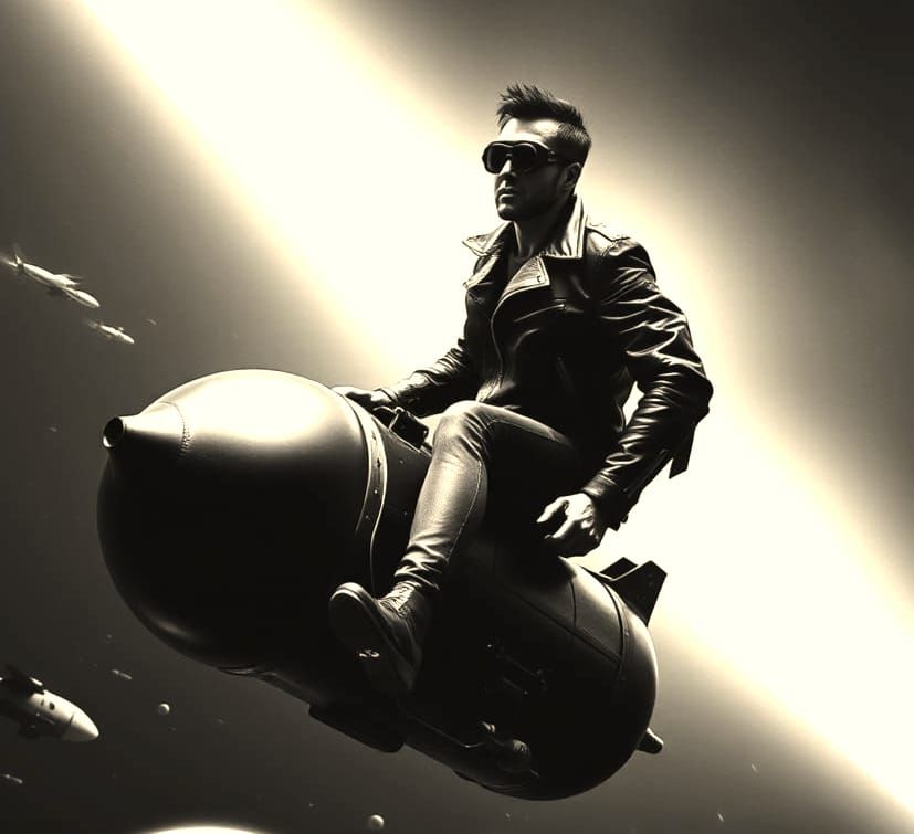 Surreal Plunge: Man Riding a Bomb in Grayscale