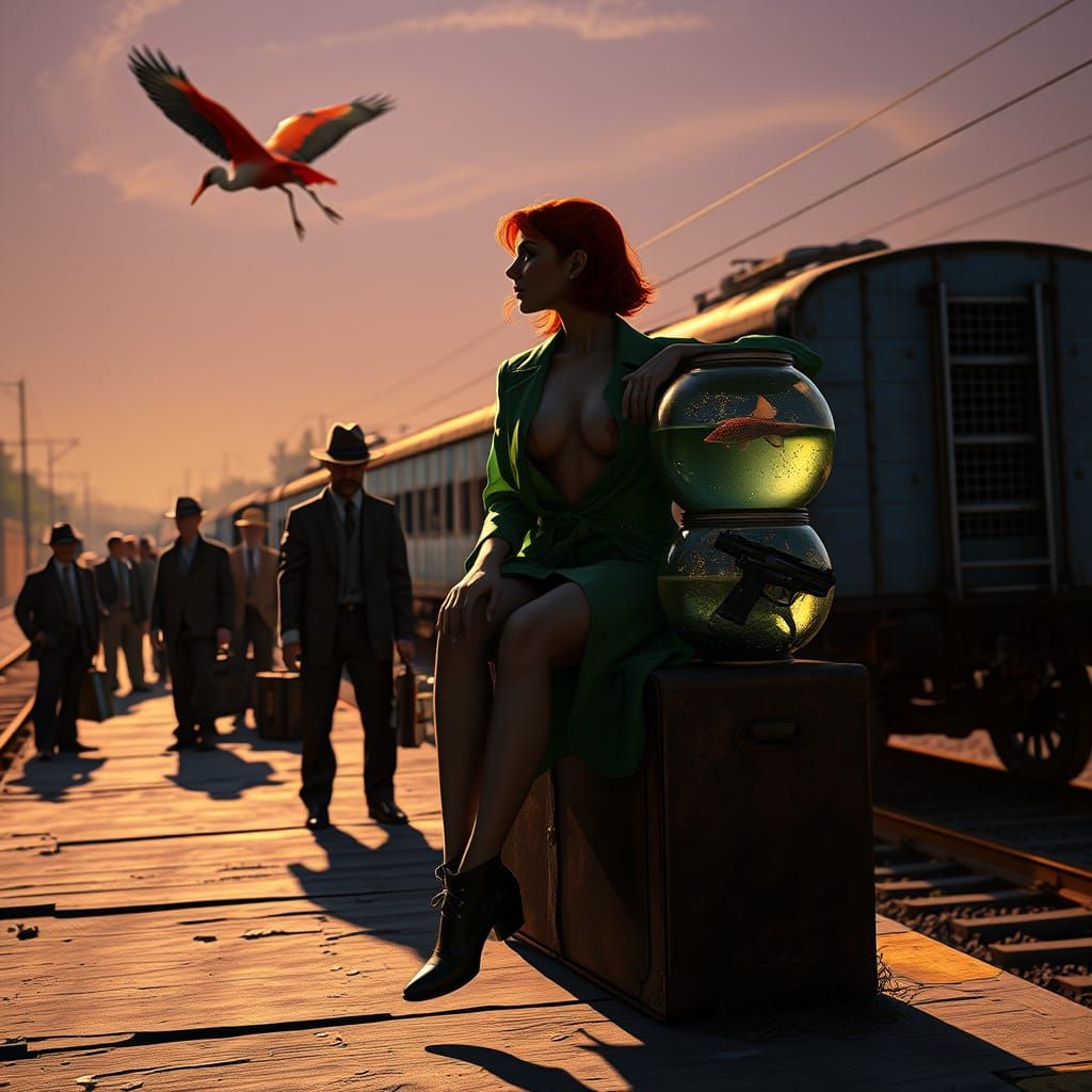 Rural Train Platform by Dusk, with Pin-up Girl Silhouette