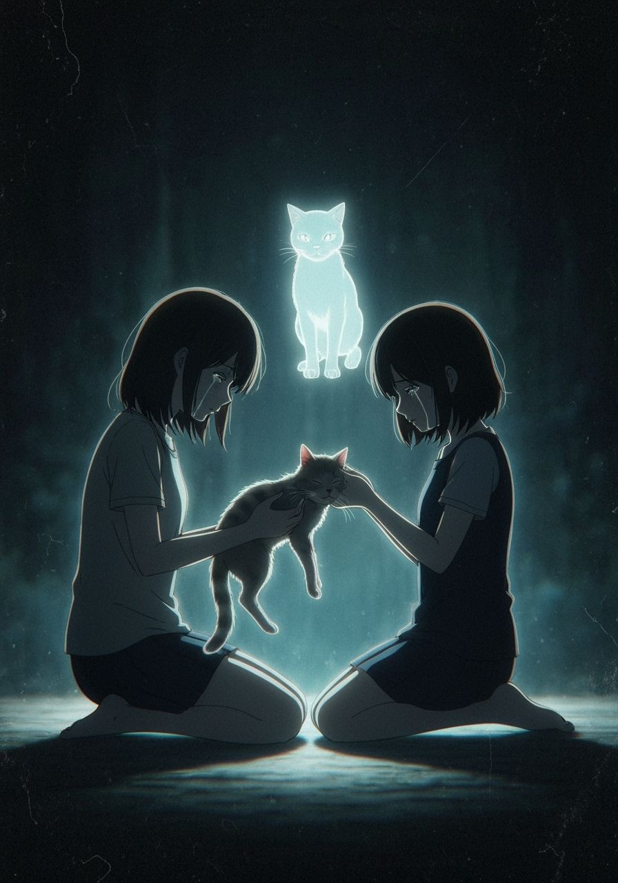 Girl and Cat Silhouetted with Ethereal Spirits