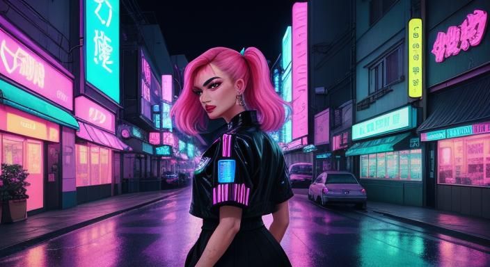 Girl Headbanging in Neon City: Synthwave Retro
